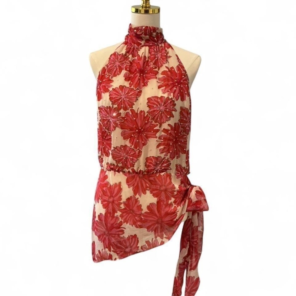 Chetta B Silk Floral Halter Top Size 14 Red Pink Sequin Embellished Asymmetrical